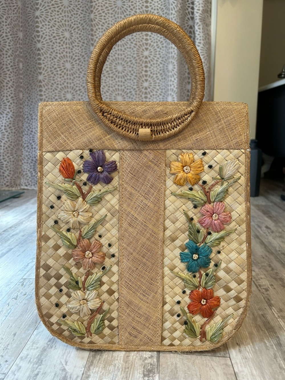 Handcrafted Natural Straw Tote with Multicolor Floral Straw Embroidery